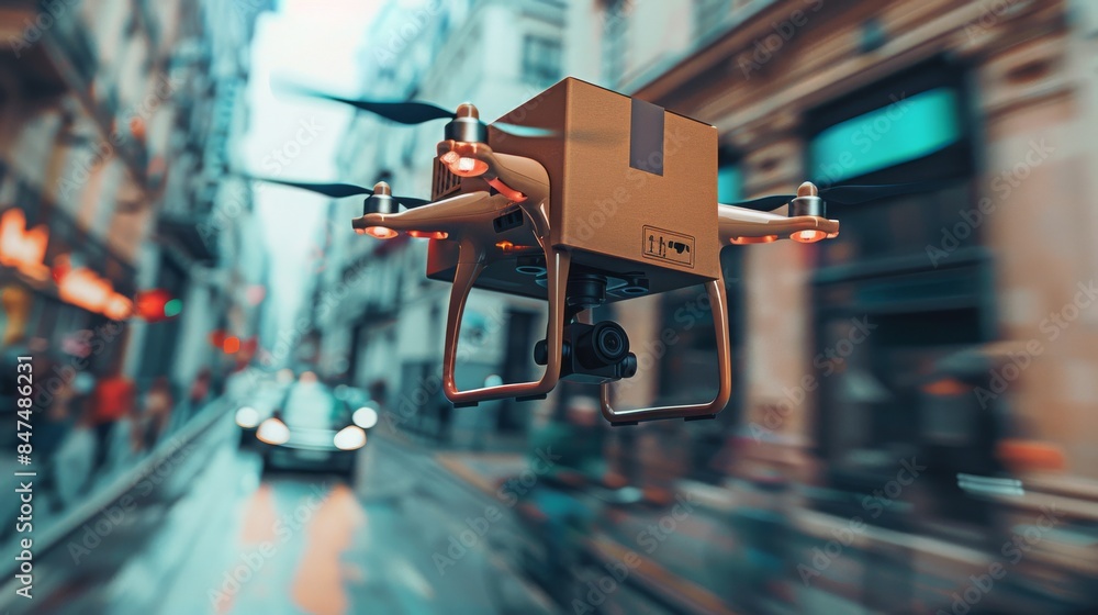 Obraz premium Drone Delivery Concept Featuring an Unmanned Aerial Vehicle Carrying a Package, Highlighting Advanced Transportation Technology