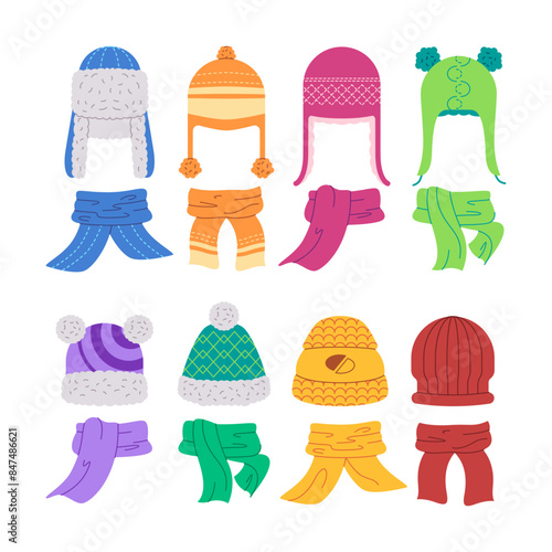 colorful winter hats and scarf shawl wool wear cold clothing warm apparel accessory