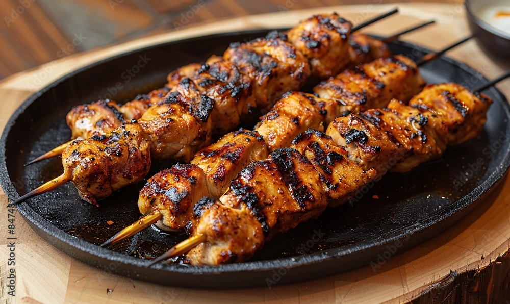 Juicy chicken kebab skewers presented on a black plate atop a wooden table, perfect for copy. Juicy chicken kebab skewers presented on a black plate atop a wooden table, perfect for copy.
