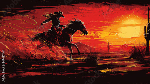 A woman riding a horse in a desert with a sunset in the background