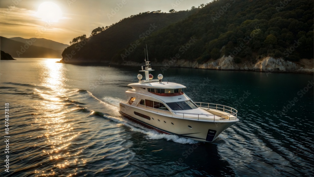 Fototapeta premium Yacht in empty Turkish sea on sunset