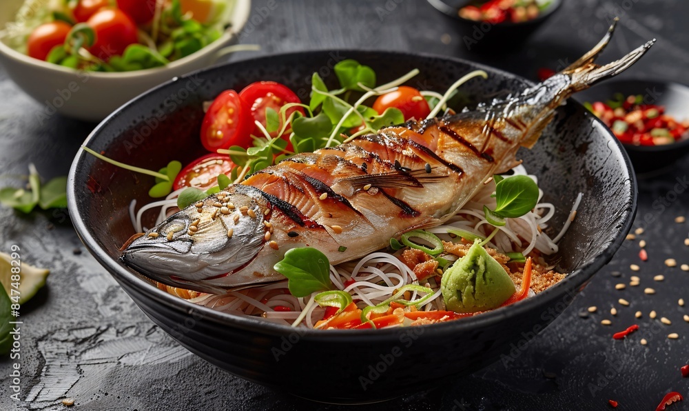 Culinary fusion at its finest: Pho noodle bowl and a big tuna fish seamlessly combine, creating a striking and unique image Culinary fusion at its finest: Pho noodle bowl and a big tuna fish seamlessly combine, creating a striking and unique image