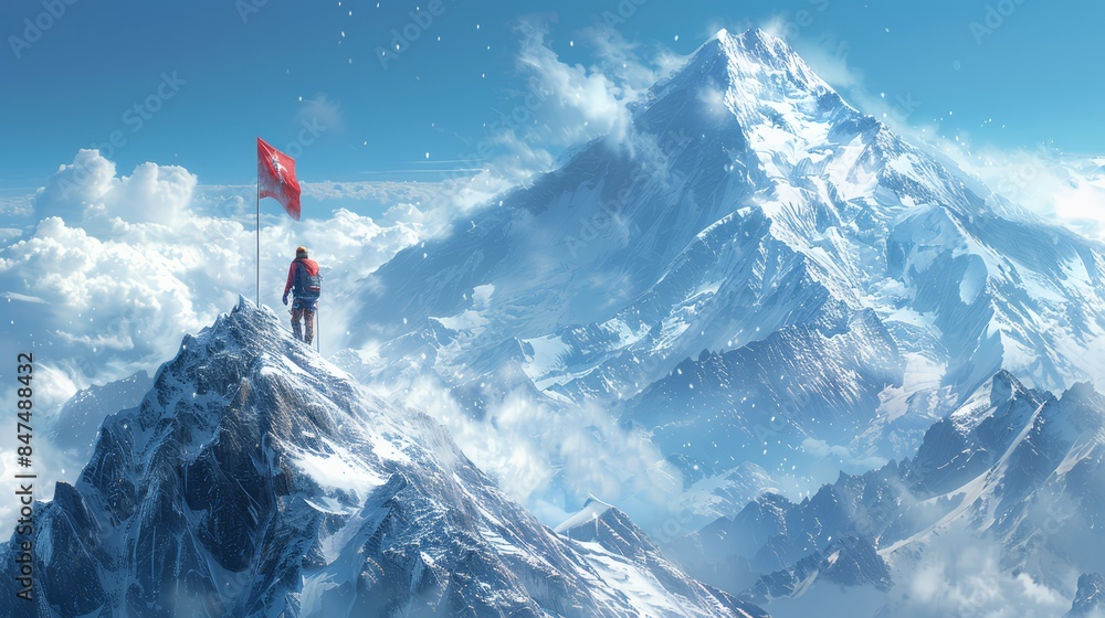 As a mountain climber ascends towards a flag at the summit, the image ...