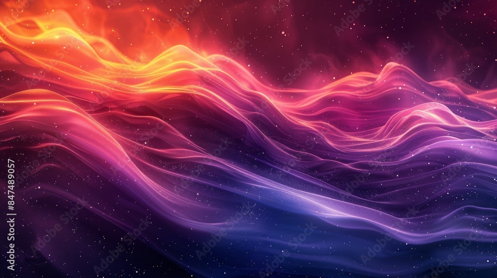 A dark grainy gradient background with transitions from deep red to orange and purple, featuring glowing waves. 