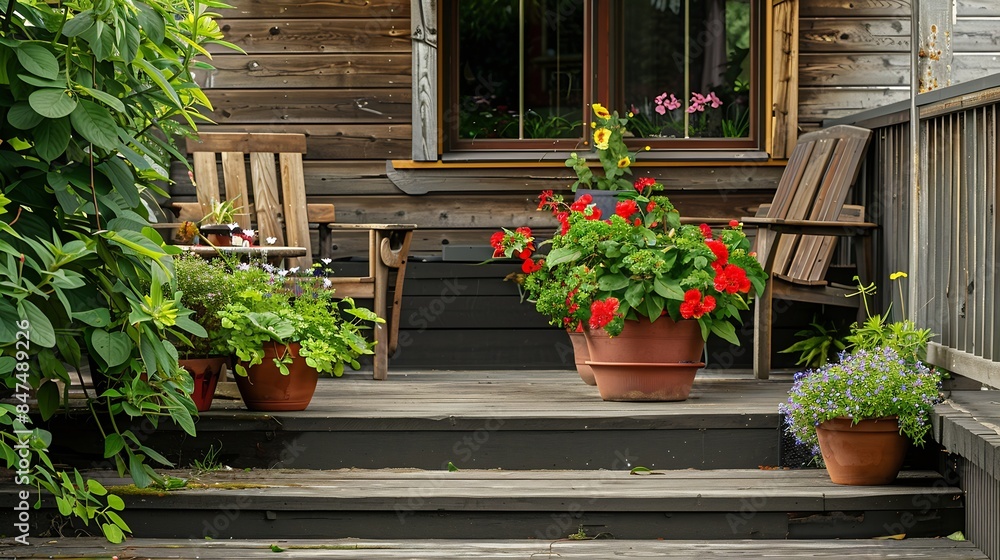 Cozy entrance porch with flower pots and seating arrangement Northwest USA : Generative AI Cozy entrance porch with flower pots and seating arrangement Northwest USA : Generative AI