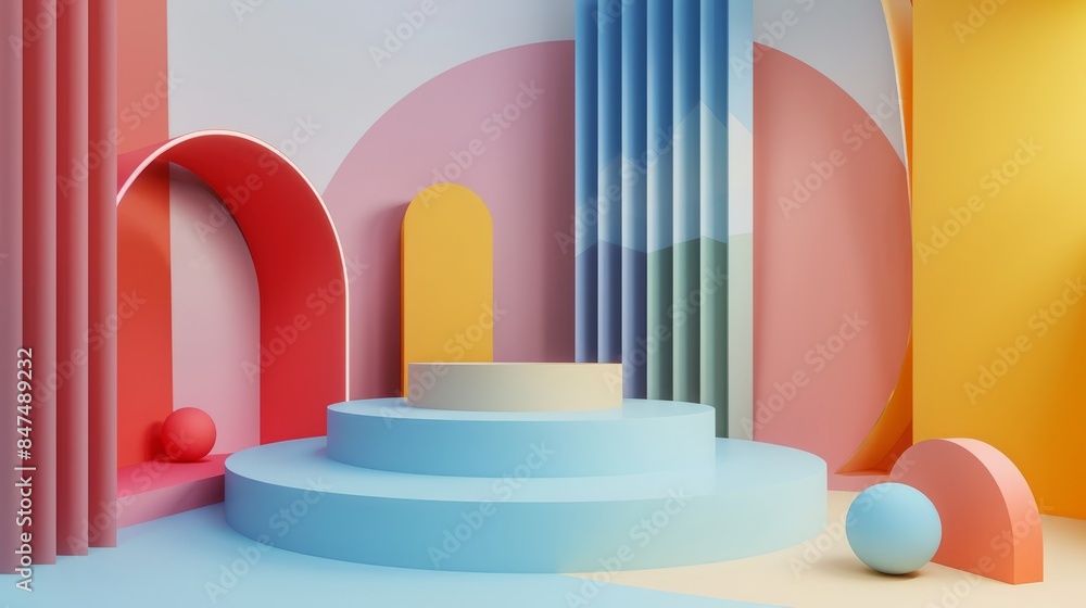 3d abstract minimalist geometric shapes. Luxury podium display for fashion show Stage, pedestal, shop window with colorful theme
3d abstract minimalist geometric shapes. Luxury podium display for fashion show Stage, pedestal, shop window with colorful theme