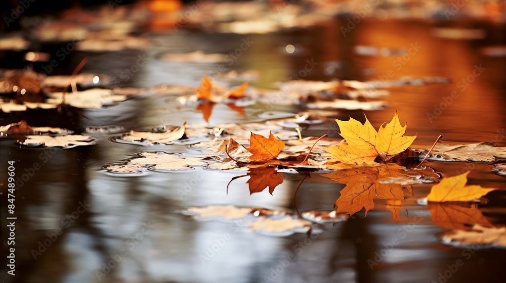 Beautiful autumn leaves floating on a calm water surface, creating a peaceful and pretty scene Beautiful autumn leaves floating on a calm water surface, creating a peaceful and pretty scene
