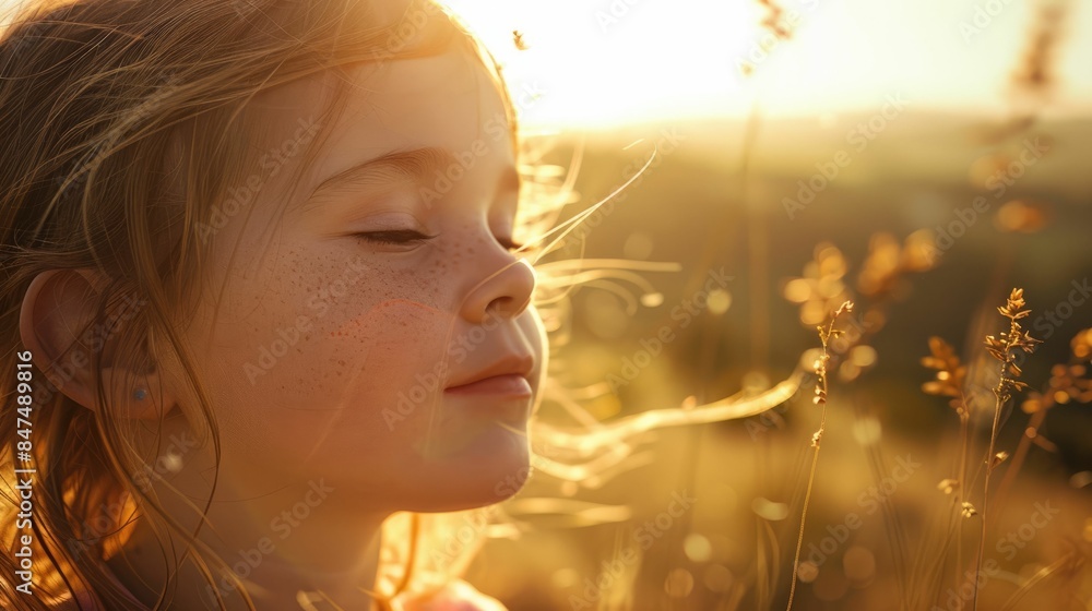 A little girl with blond surfer hair and a big smile is standing in a field, looking up at the sun. Her eyelashes catch the light like flash photography AIG50