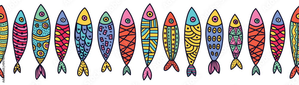 Vector seamless horizontal border with fish. Cute illustration. Sardines. Vector seamless horizontal border with fish. Cute illustration. Sardines.