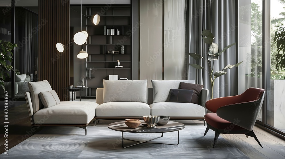 Fototapeta premium Comfortable sofa and armchair in stylish living room Interior design : Generative AI