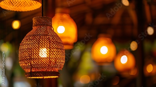 Closeup photo of bright hanging lamps with traditional woven bamboo cover or rattan wood Bokeh Background Selective Focus The concept of lighting decoration for the room cafe hotel and : Generative AI photo