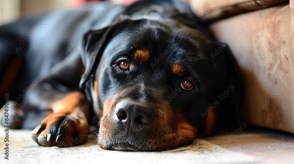 Rottweiler curled up in a quiet corner of the house, its weary eyes ...