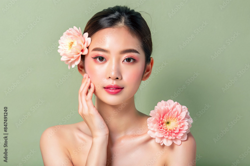 Beautiful Young Asian woman with clean fresh skin on solid background, AI Generative Beautiful Young Asian woman with clean fresh skin on solid background, AI Generative