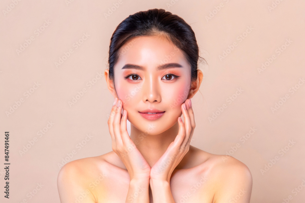 Beautiful Young Asian woman with clean fresh skin on solid background, AI Generative Beautiful Young Asian woman with clean fresh skin on solid background, AI Generative
