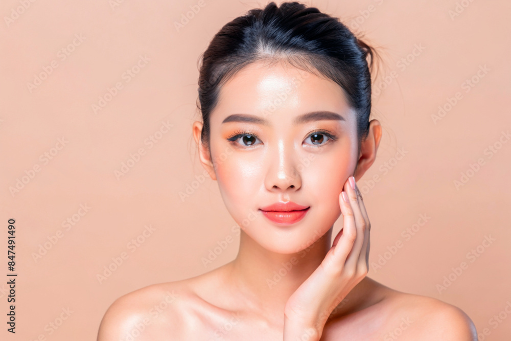 Beautiful Young Asian woman with clean fresh skin on solid background, AI Generative Beautiful Young Asian woman with clean fresh skin on solid background, AI Generative
