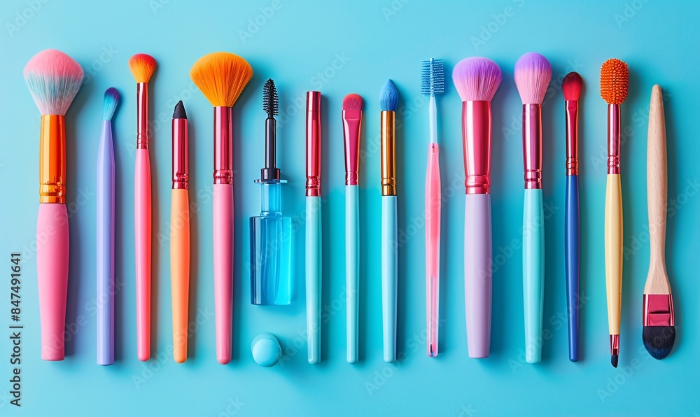 Illustrate a vibrant collection of beauty utilities: colorful makeup brushes, blenders, and nail tools Illustrate a vibrant collection of beauty utilities: colorful makeup brushes, blenders, and nail tools