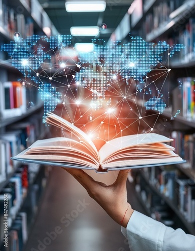 Add a touch of modernity to your projects with a digital tech book in a library background.