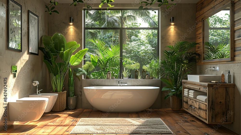 Timeless Tranquility: Stylish Bathroom with Glass Shower, Sink, and Mockup Frame Timeless Tranquility: Stylish Bathroom with Glass Shower, Sink, and Mockup Frame