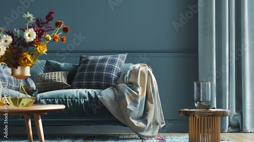 Interior design of cozy living room with stylish sofa coffee table dired flowers in vase mock up poster carpet decoration pillows plaid and personal accessories in modern home decor Te : Generative AI photo