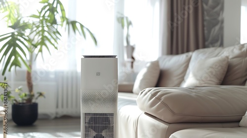 Air purifier health technology in cozy modern living room and cleaning removing dust PM25 Air purifier for fresh air and healthy life Health care Air Pollution Concept clean dust and f : Generative AI photo