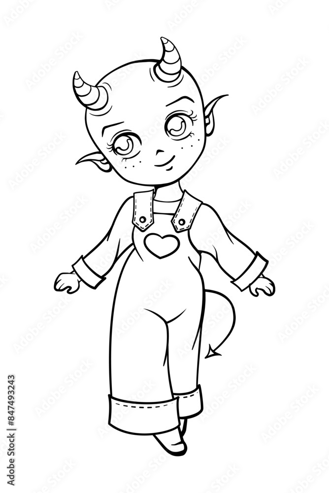 Obraz premium A coloring page with charming cartoon demon character featuring horns and an elf ears, depicted in kavaii anime line art style. Perfect for Halloween gifrs.