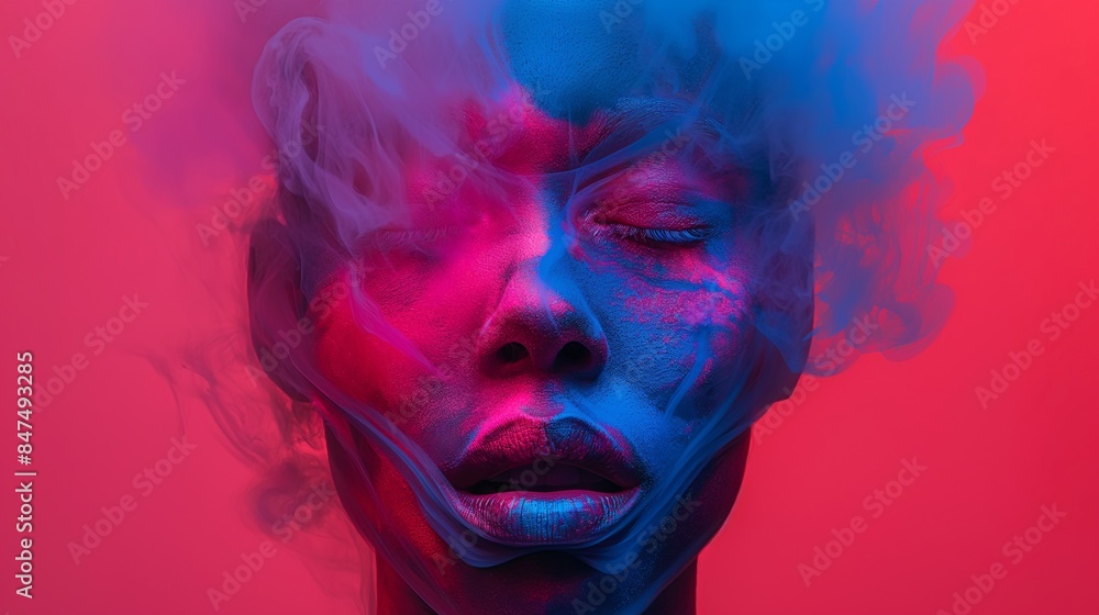 Abstract portrait of woman with big lips and closed eyes, surrounded by smoke, dark pink and blue light on solid background Abstract portrait of woman with big lips and closed eyes, surrounded by smoke, dark pink and blue light on solid background