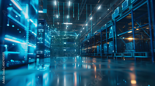 A holographic projection of a supply chain network diagram in a logistics center, business, dynamic and dramatic compositions, with copy space