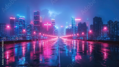 Vibrant cityscape, neon lights, urban background © rookielion