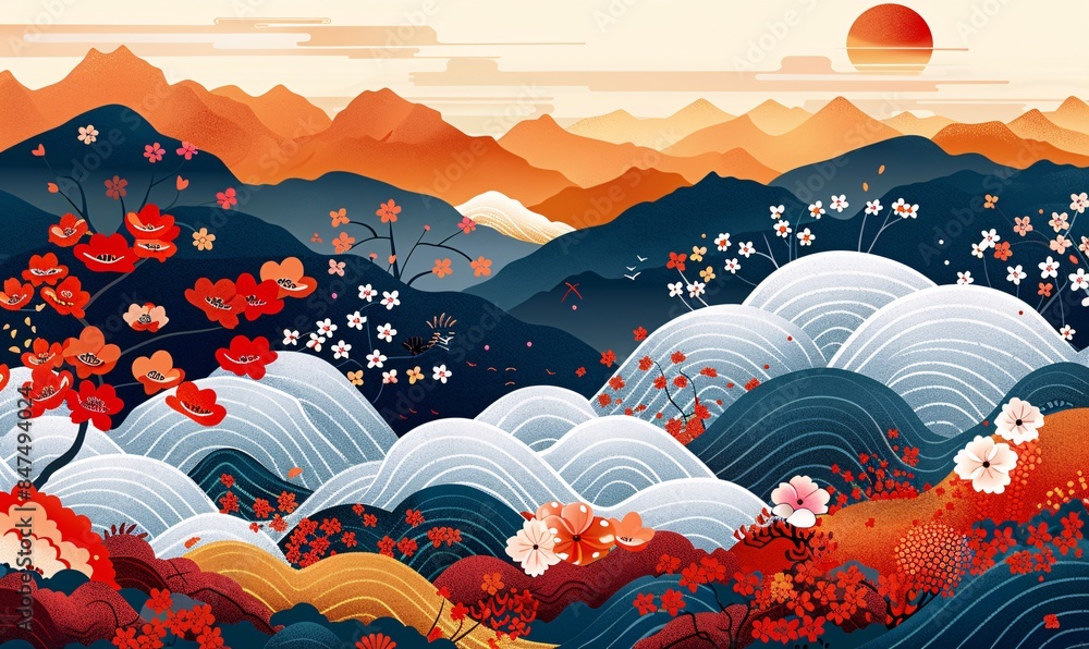 Fototapeta premium an eye-catching Japanese-style seamless pattern vector, blending saturated color fields with magewave elements, showcasing vibrant red and orange landscapes