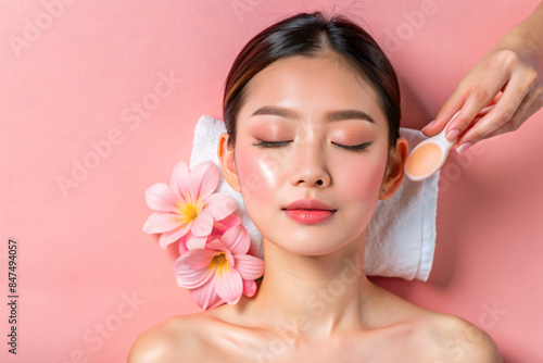 Beautiful Young Asian woman with clean fresh skin on solid background, AI Generative