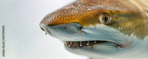 The face of a curious shark is seen in close-up, its expression conveying a sense of intrigue, set against a clean white background. This striking image provides plenty of copy space, making it ideal photo