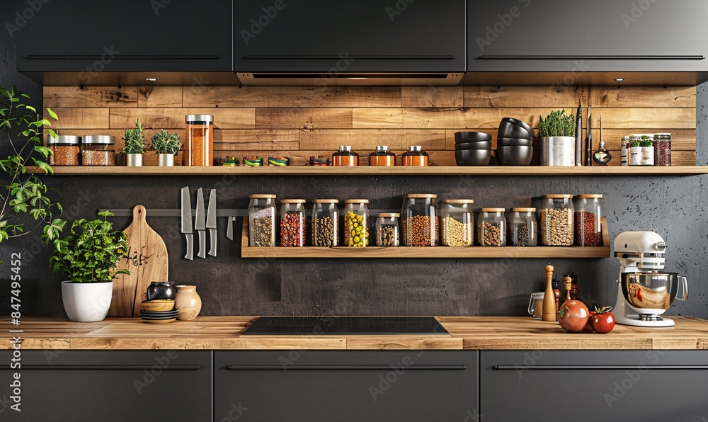 Kitchen featuring a sleek spice rack and magnetic knife strip, clean and contemporary Kitchen featuring a sleek spice rack and magnetic knife strip, clean and contemporary