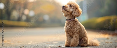 An Apricot Standard Poodle Puppy, Eagerly Sitting With Its Nose And Paw Up On The Street, HD photo