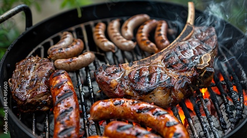 Bbq coal grill with meat sausages and tomahawk steak at garden party