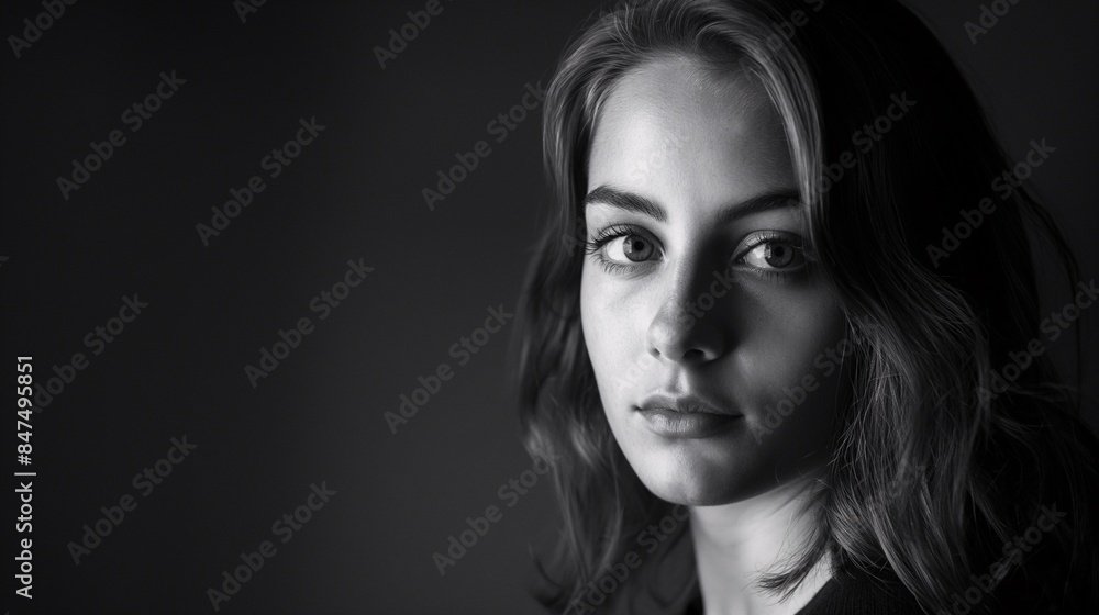 Black and white portrait of a young woman with expressive eyes, conveying emotion and depth, captured in a studio setting. Black and white portrait of a young woman with expressive eyes, conveying emotion and depth, captured in a studio setting.