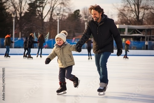 Father and son having a great time bonding while ice skating together on an outdoor rink