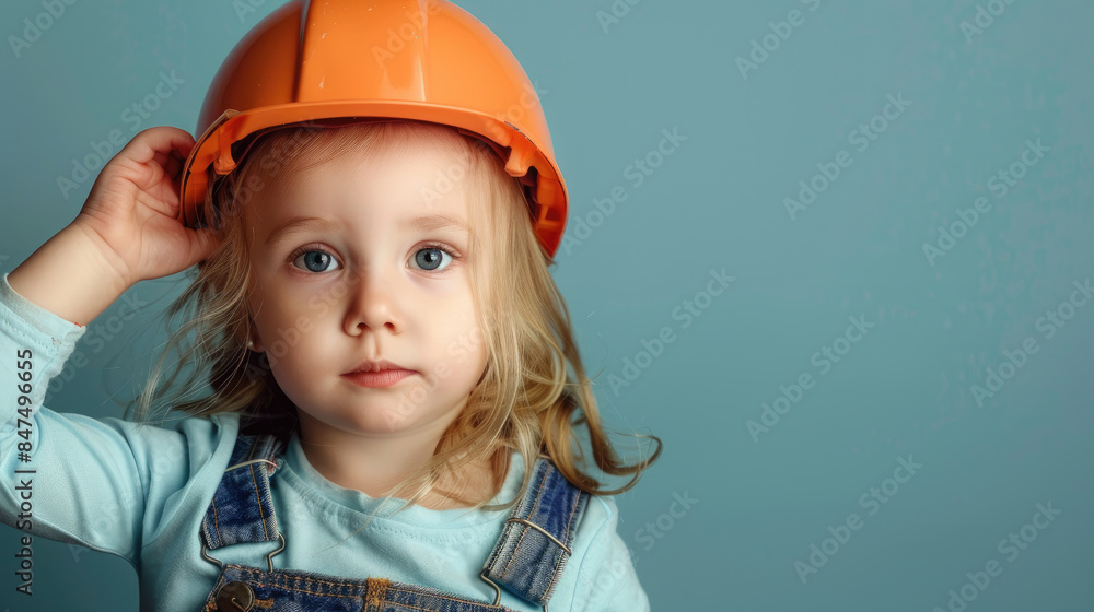 Young girl wearing orange hard hat Young girl wearing orange hard hat