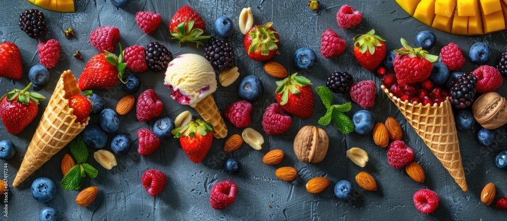 Arrangement of fresh fruits, nuts, and ice cream cone in a creative flat lay setting to capture a summer-themed concept.