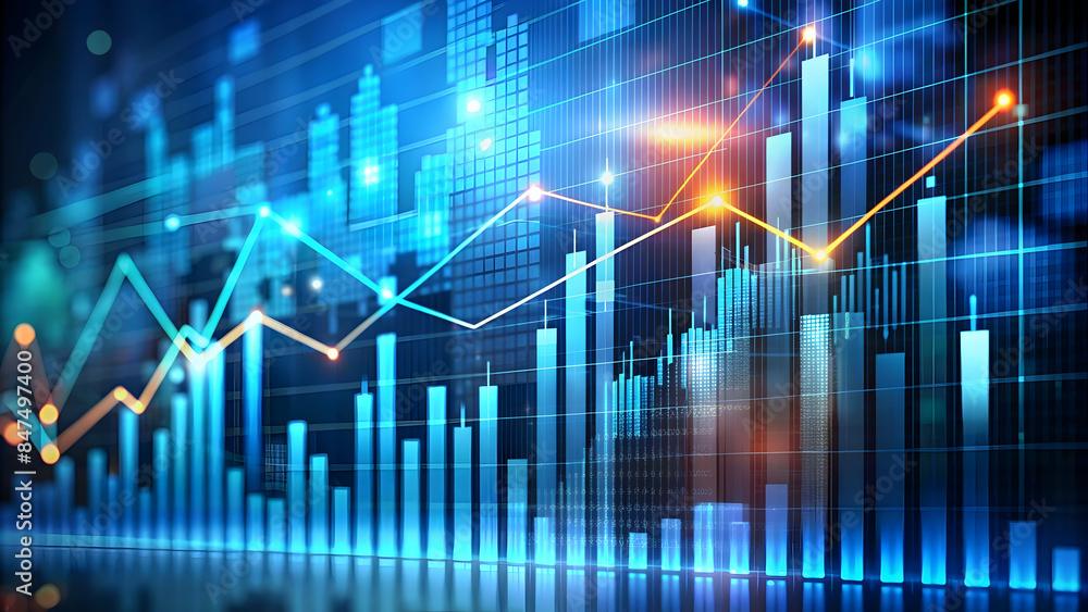 Perspective view of stock market growth, business investing and data concept with digital financial chart graphs, diagrams and indicators on dark blue blurry background Perspective view of stock market growth, business investing and data concept with digital financial chart graphs, diagrams and indicators on dark blue blurry background