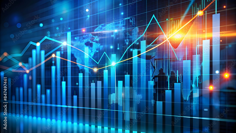 Perspective view of stock market growth, business investing and data concept with digital financial chart graphs, diagrams and indicators on dark blue blurry background Perspective view of stock market growth, business investing and data concept with digital financial chart graphs, diagrams and indicators on dark blue blurry background