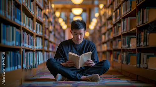 Asian male student reading a book in a quiet library aisle