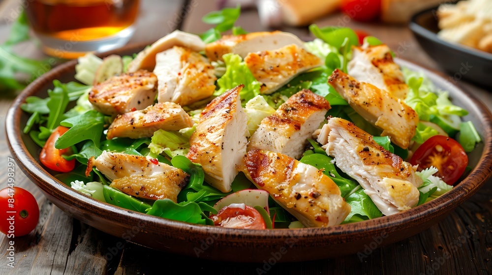 Caesar salad vegetable salad with roast chicken meat on wooden background Caesar salad vegetable salad with roast chicken meat on wooden background