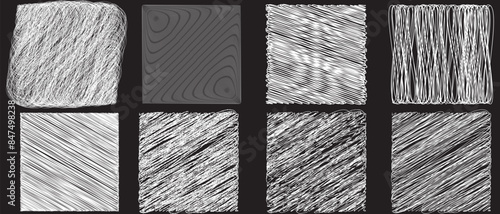 Set of hand drawn pencil crosshatch shapes. Crosshatch Freehand doodle shapes collection. Doodle and sketch style. white squiggle grunge texture. Vector illustration isolated on black background.