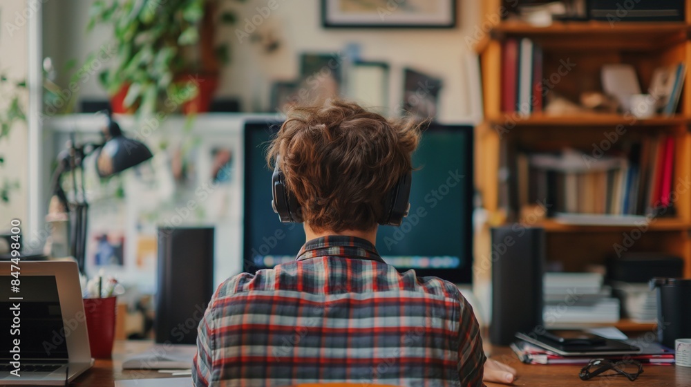 Rear view of a person working at a home office desk with a computer monitor, surrounded by books and plants in a cozy room setting. Rear view of a person working at a home office desk with a computer monitor, surrounded by books and plants in a cozy room setting.