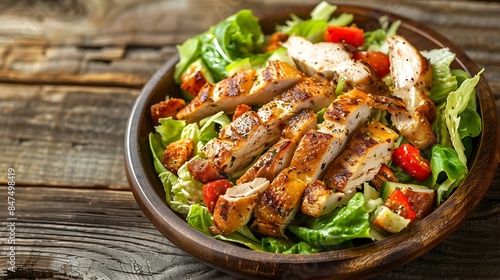 Caesar salad vegetable salad with roast chicken meat on wooden background