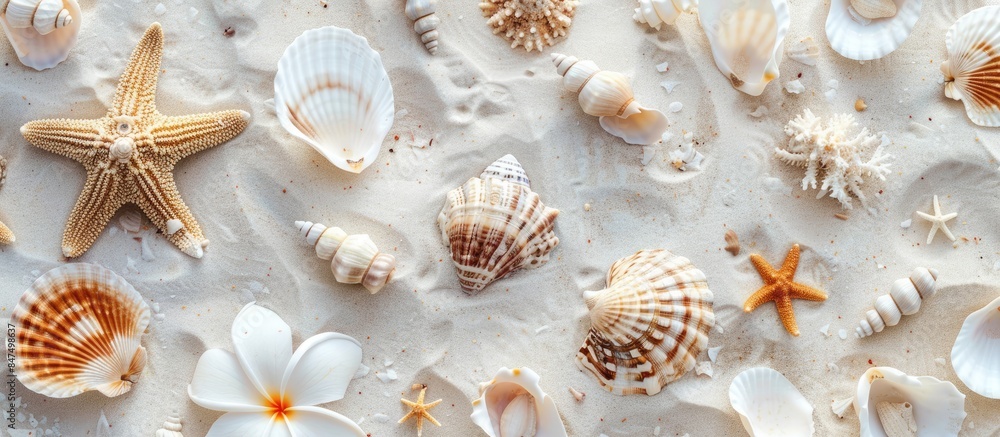 Top view of a creative arrangement on sandy beach: Seashells, tropical white flower, and corals in a minimal flat lay pattern, showcasing the beauty of natural sea life. Top view of a creative arrangement on sandy beach: Seashells, tropical white flower, and corals in a minimal flat lay pattern, showcasing the beauty of natural sea life.
