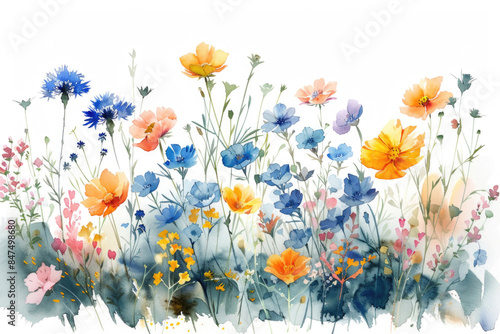 A harmonious blend of wildflowers in a watercolor style on a white background