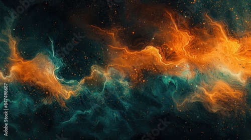 A dynamic and vibrant gradient with orange and teal hues, set against a black background with a grainy texture.