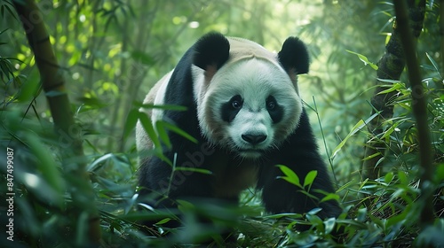 Giant panda walkig on a forest photo