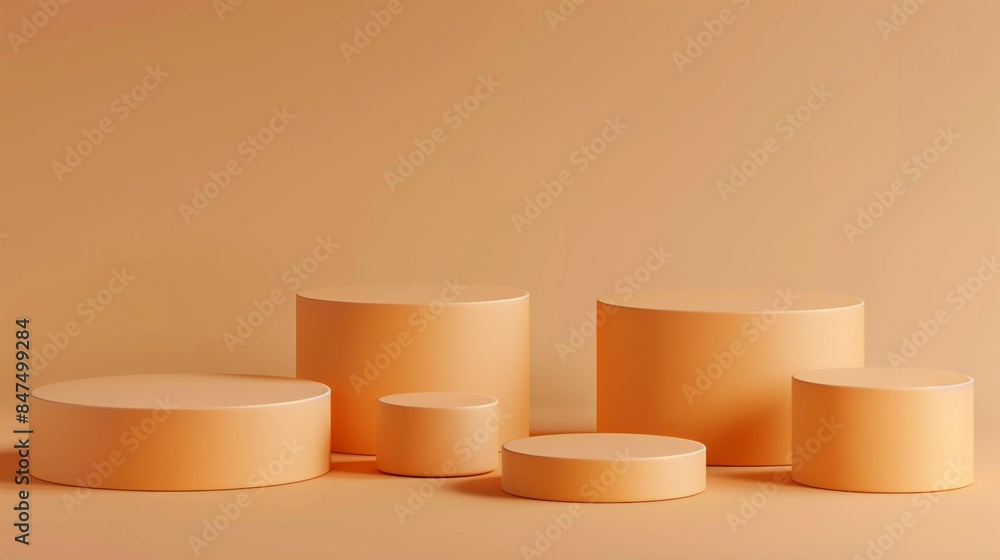 Six Minimalist Light Orange Toned Round Podiums for Product Presentation on Empty Background. Ideal for E-commerce and Advertising Displays, Showcasing Minimalist Style and Elegance Six Minimalist Light Orange Toned Round Podiums for Product Presentation on Empty Background. Ideal for E-commerce and Advertising Displays, Showcasing Minimalist Style and Elegance